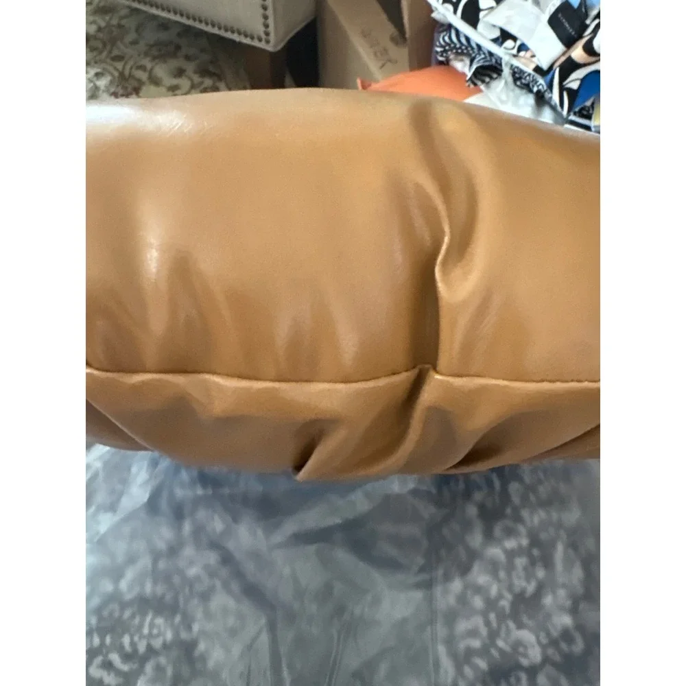 Tan Faux Leather Round Bar Stool Cover Tufted Button Elastic Slipcover Brown